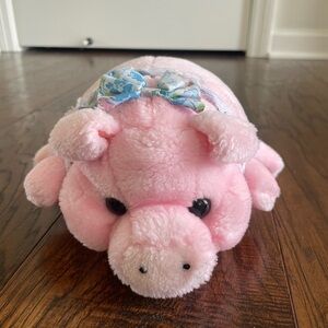 Vintage Plush Pink Piggy Plush Toy with Floral Bow - Vintage 1954